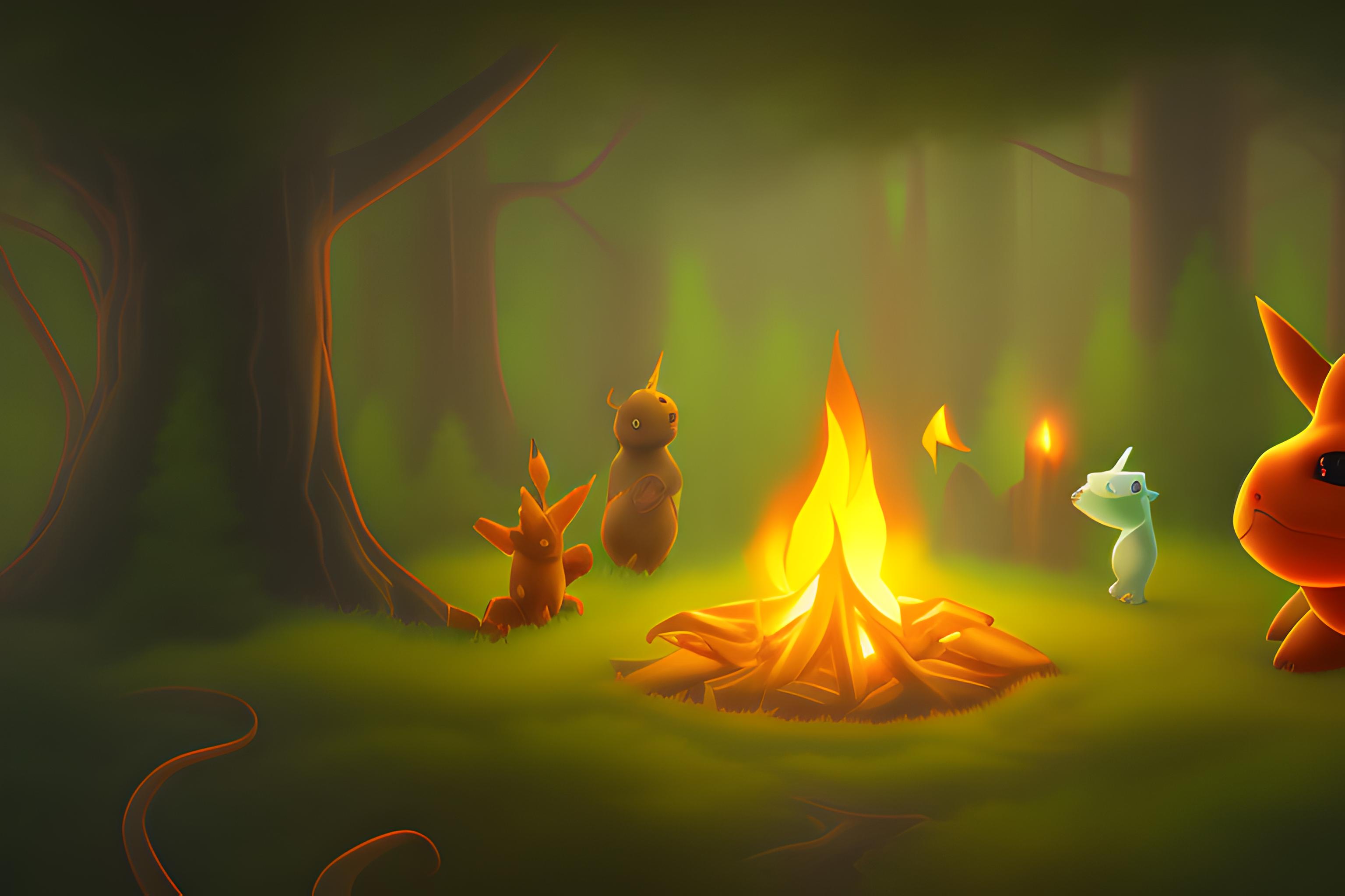 A dark forest where in the center there is a Chimchar lighting a campfire surrounded by Pokemon lik…